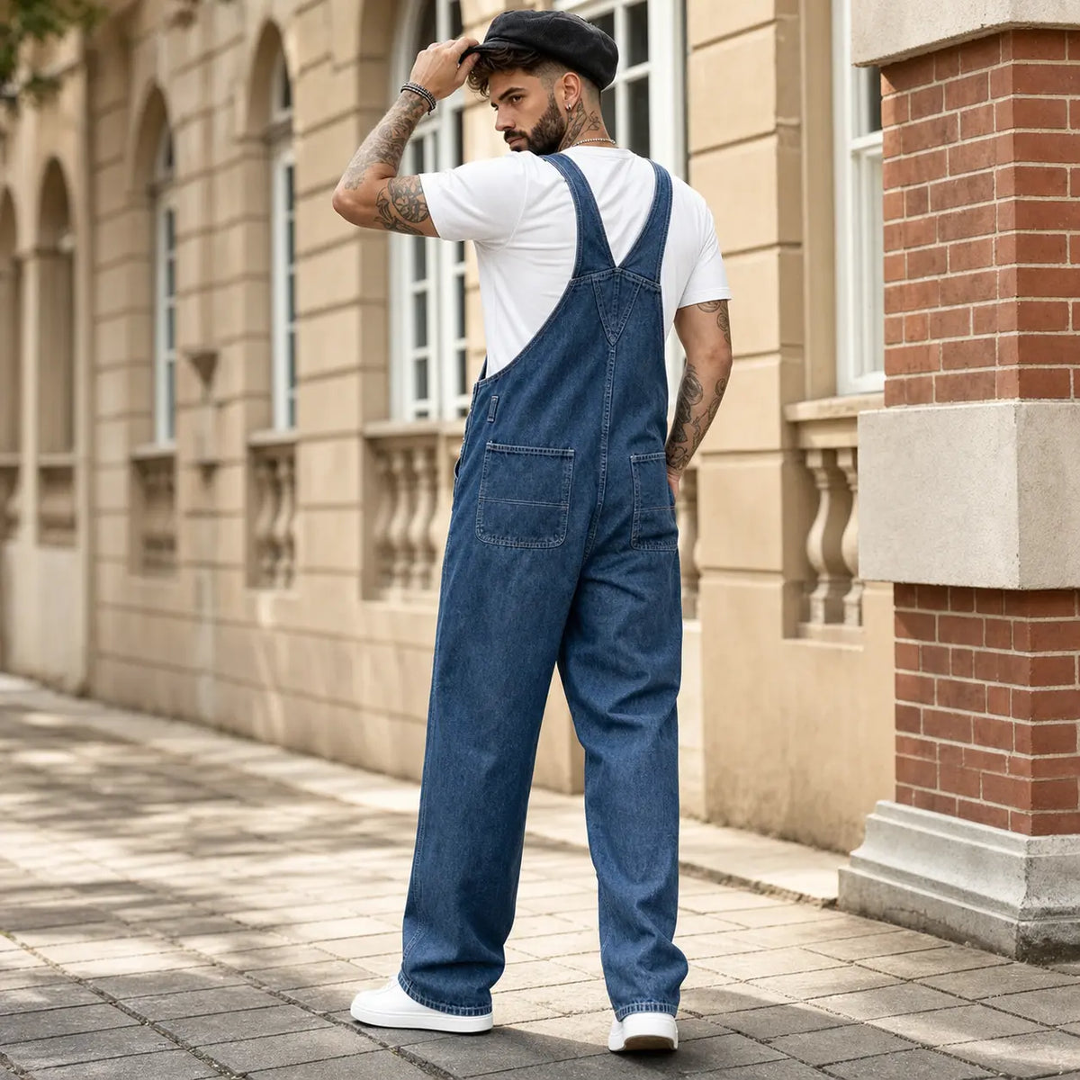 Men's Medium Wash Cotton Denim Overalls - Adjustable Tie Cargo Straps, Retro Slouchy Baggy Loose-Fit, Classic Utility Workwear, Machine Washable All-Seasons Outdoor Menswear, Plain Polyester Fabric Cargo Pants