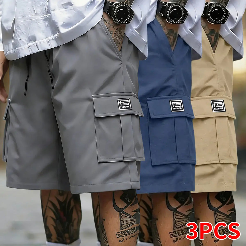 Men's 3-Pack Oversize Woven Cargo Shorts - Solid Color, Multi-Pocket Design, Adjustable Drawstring, Casual Fit, Dry Clean Compatible, Available in XL Size