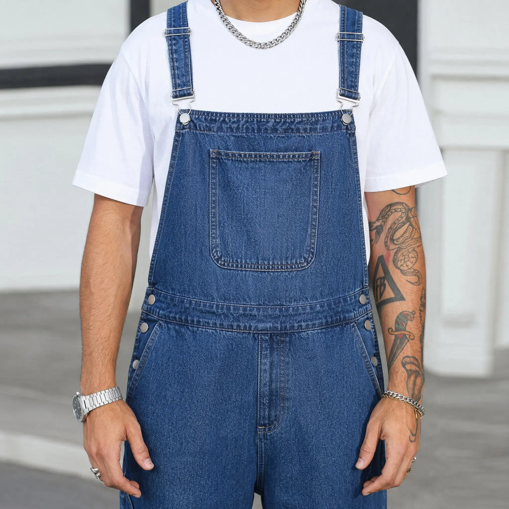 Men's Rigid Cotton Baggy Denim Overalls - Vintage Mid-Wash Blue Wide Leg Dungarees with Bib Hardware, Bib Pocket, Buckle, Utility Drape Jumpsuit for Summer Casual Workwear