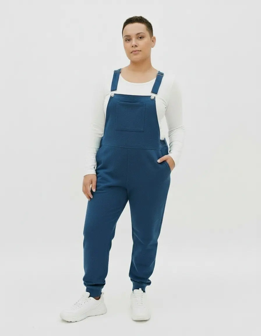Swoveralls Unisex Navy Cotton-Spandex Fabric Jumpsuit - Soft Comfy Sweatpant Overalls with Jogger Cuffs, Adjustable Straps, Zip Pocket, 6 Pockets, Relaxed Fit, All-Season Menswear