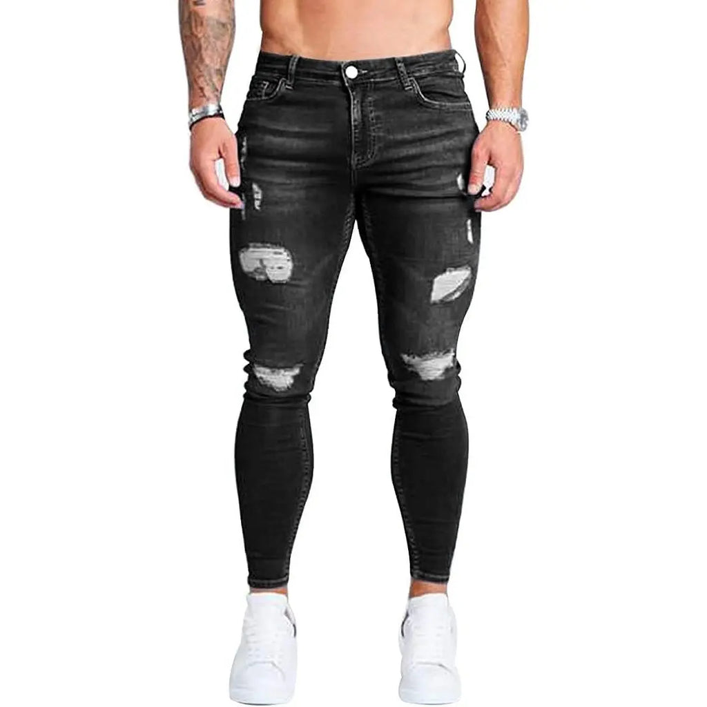 HUNGSON Men's Ripped Slim Denim Jeans - Soft Polyester-Cotton Fabric, Stretchy Skinny Fit, Breathable Distressed, Streetwear Plain Menswear Bottoms, Motocross Trousers (Denim Men's Ripped Jeans), Denim Men's Jeans sohochic