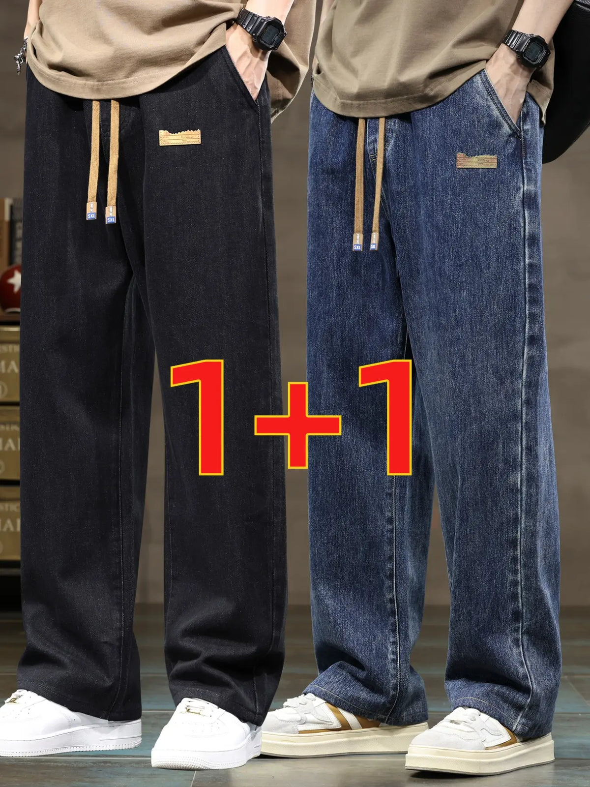Men's drawstring elastic waist straight leg Pocket jeans solid color casual versatile non stretch denim pants, fit straight leg version, suitable for all seasons