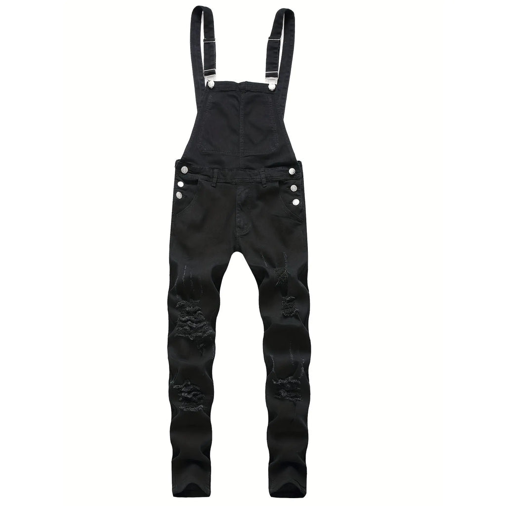 Men's Denim Blend Ripped Suspender Overalls - Casual Street Basics, Fitted Cut, Plain Design, Keyhole Back, All-Season, Machine Washable Menswear