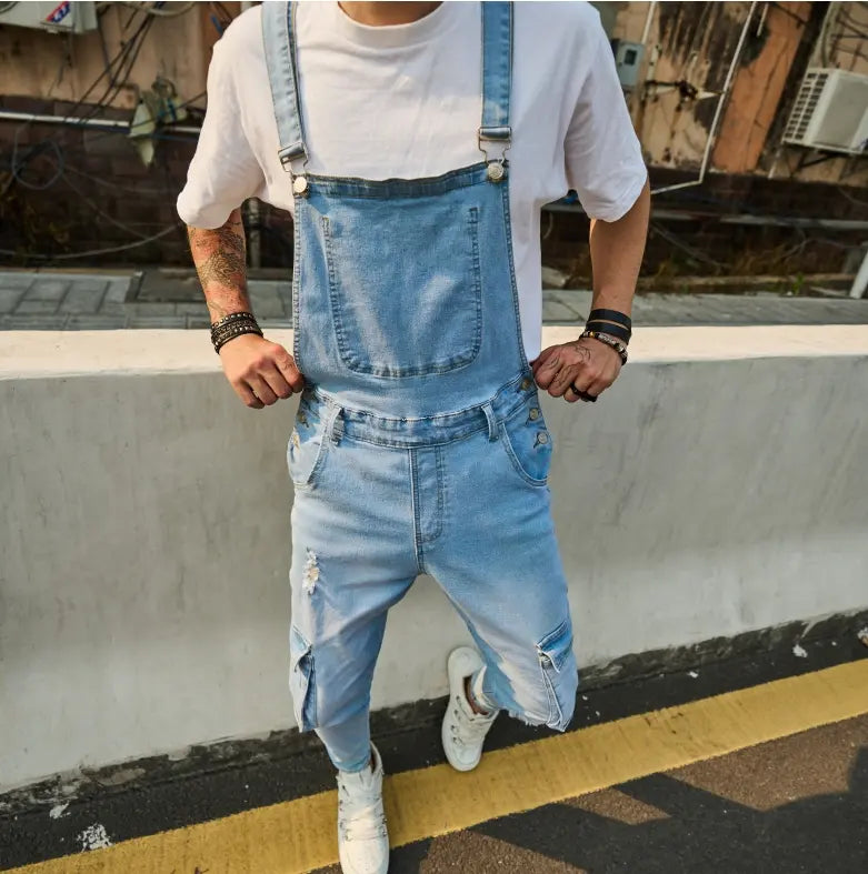 SRETOUU Men's Plain  Button Denim Overalls, Casual Comfy Ripped Pocket Overalls for Daily Wear, Men's Overalls for All Seasons Beige Blue Casual Coveralls Menswear