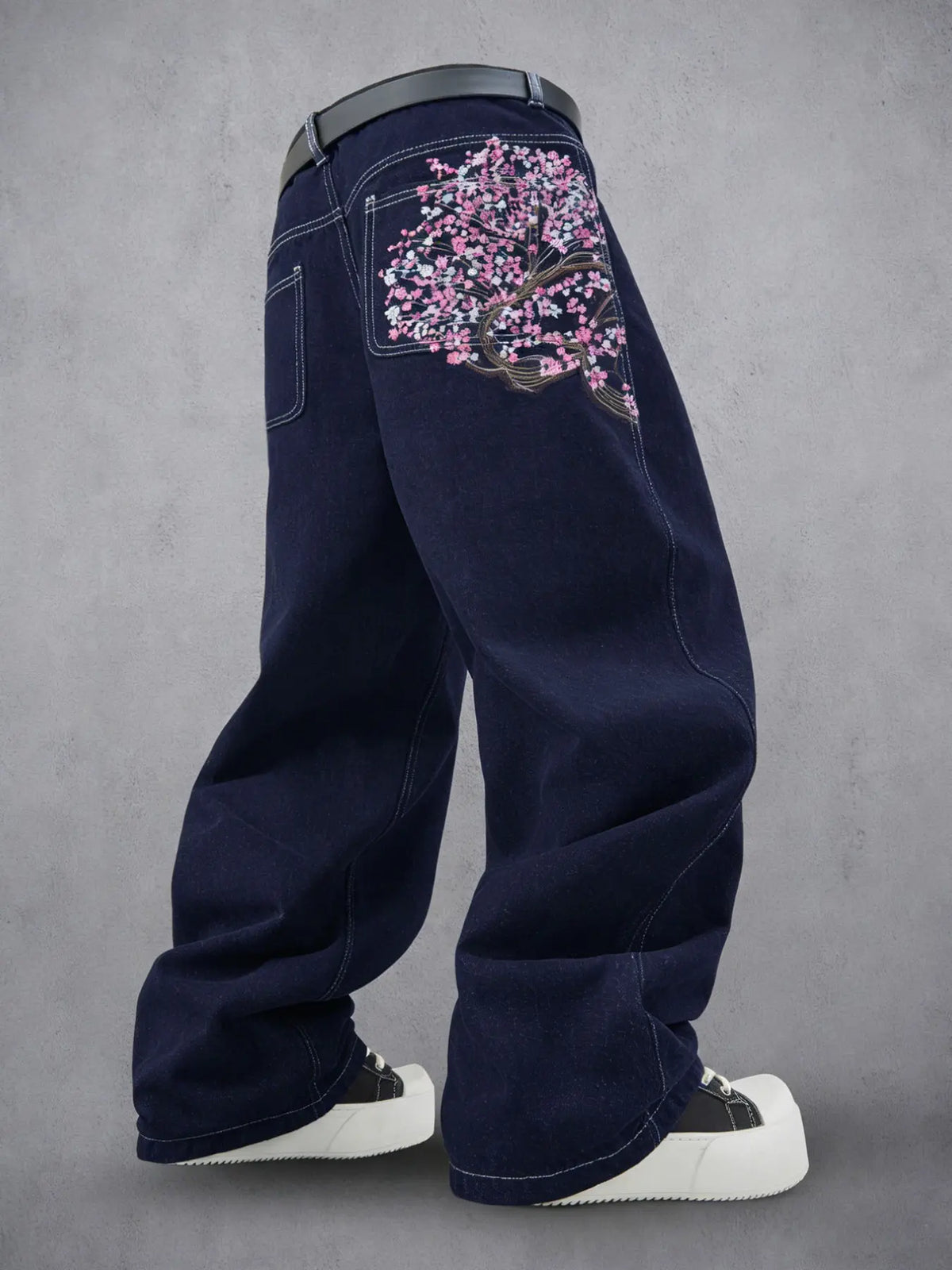 Men's Vintage Y2K Style Loose Wide Leg Jeans, Cherry Blossom Floral Embroidery, Pocket embroidery is not available, Street Fashion, Streetwear, Hip Hop Boyfriend Pants, All Seasons
