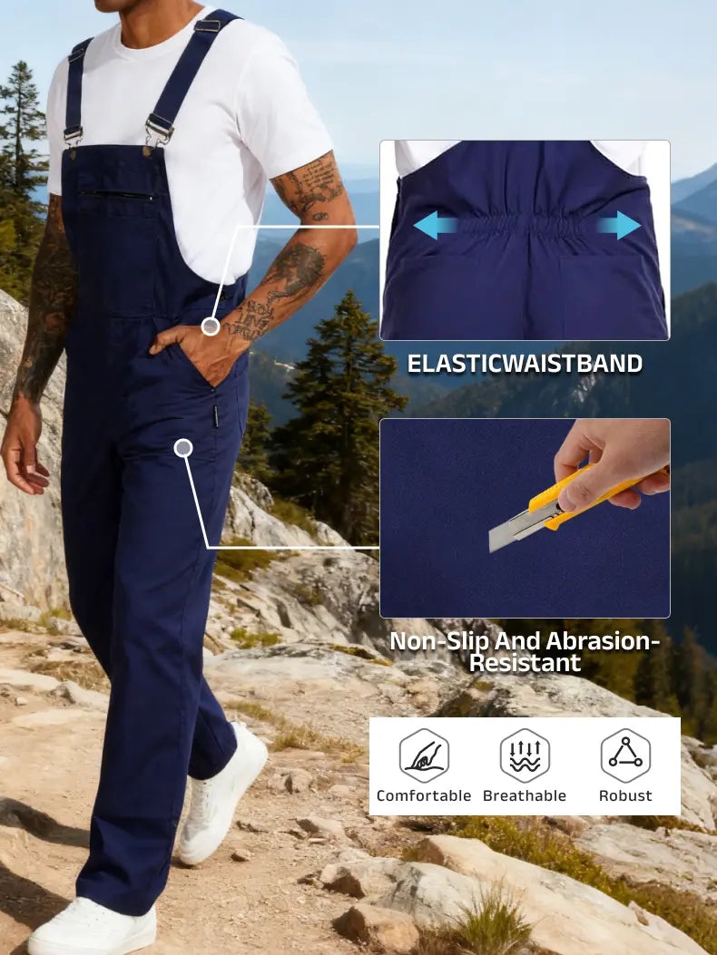 WORK IDEA Men's Cotton Overalls with Straps & Buckle, Comfortable Skin-Friendly Durable Plain Soft Fabric, 8 Functional Pockets, Elastic Waistband, Easy On/Off Workwear Uniforms (Black, Beige) for Outdoor Activities (Pair with T-Shirt)