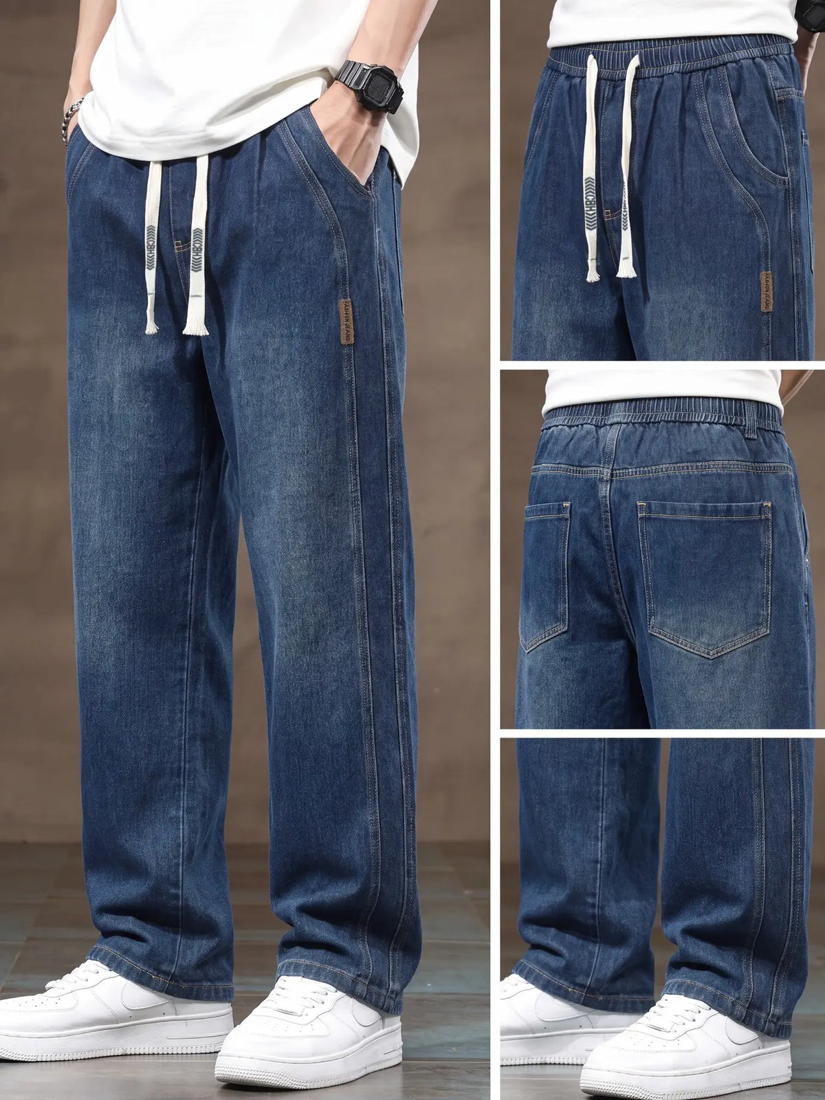 Men's drawstring elastic waist straight leg Pocket jeans solid color casual versatile non stretch denim pants, fit straight leg version, suitable for all seasons