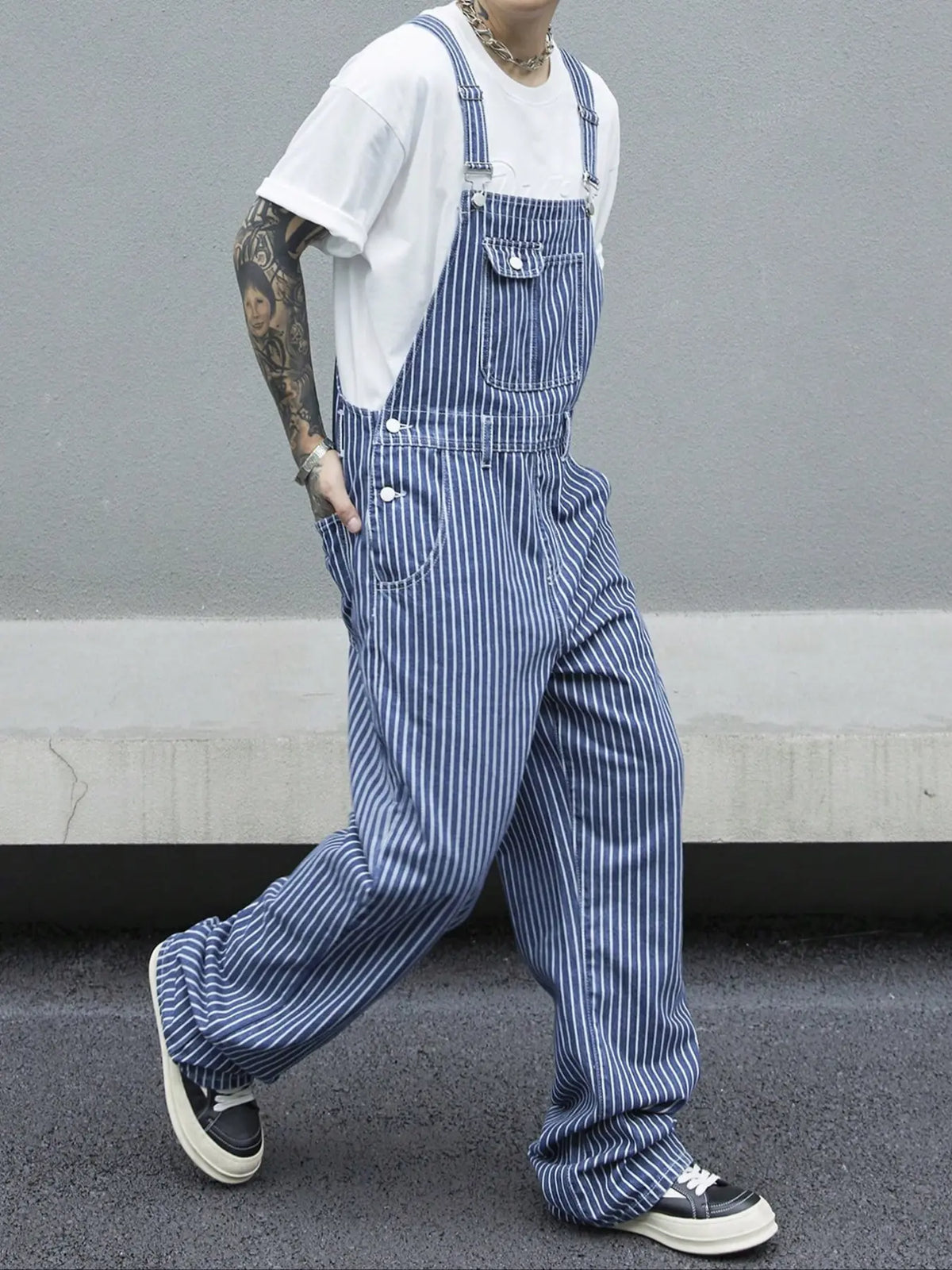 Men's Casual Striped Utility Denim Bib Overalls, Adjustable Shoulder Straps, Perfect for Work & Leisure Wear, Comfortable Fit, Fashion Casual Overalls