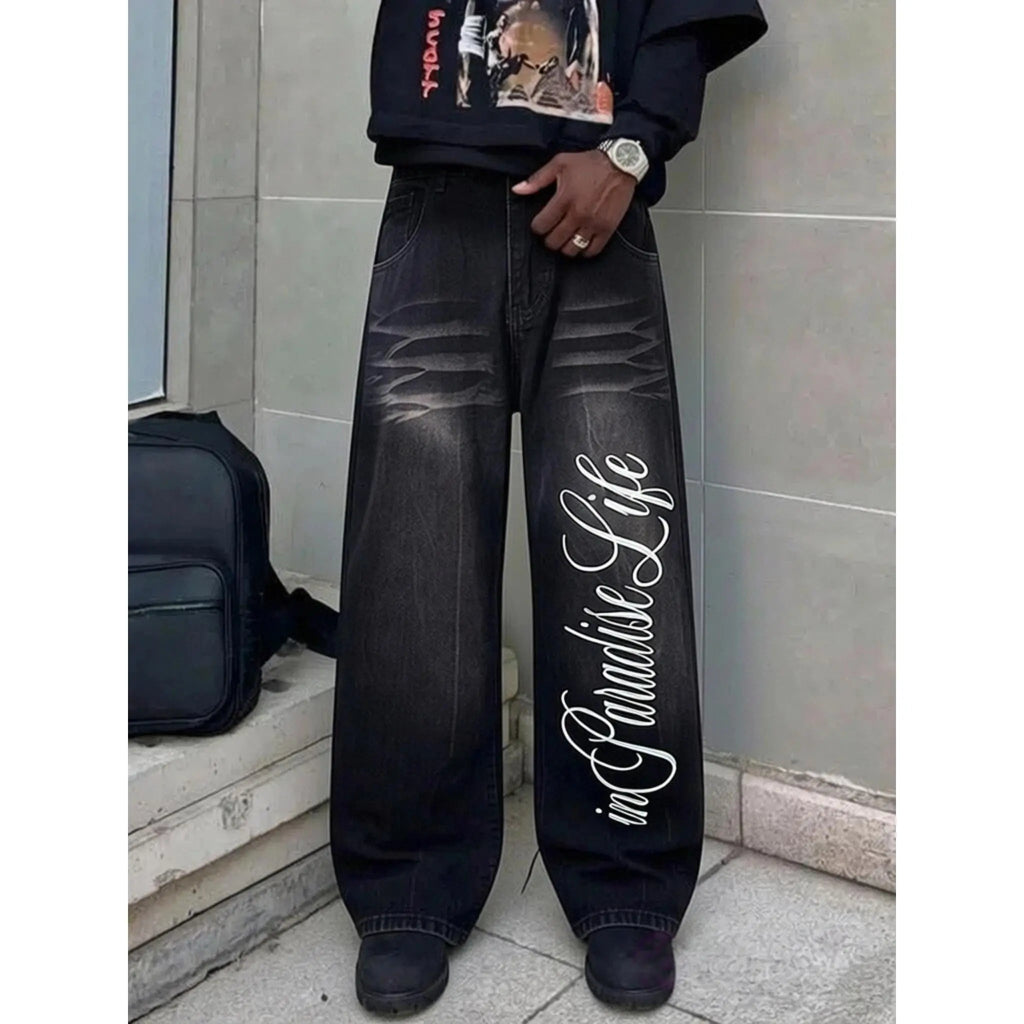 Men's High Cotton Vintage Washed Wide Leg Jeans, Large Cursive Paradise in Life Letter Print Distressed Baggy Denim Pants, Y2K Hip Hop Streetwear Loose Fit Casual Everyday Denim Trousers for Men
