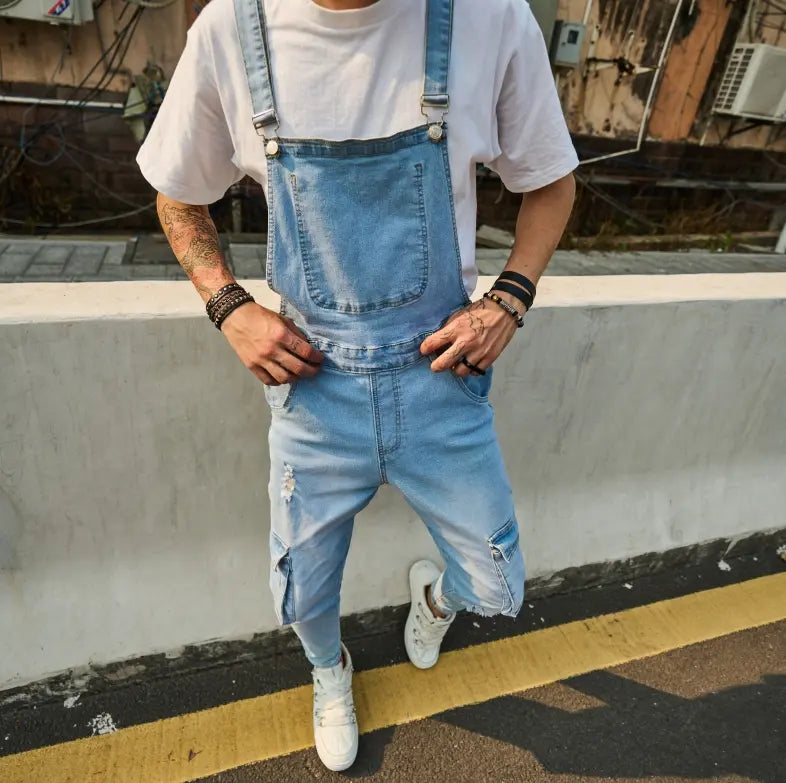 SRETOUU Men's Plain  Button Denim Overalls, Casual Comfy Ripped Pocket Overalls for Daily Wear, Men's Overalls for All Seasons Beige Blue Casual Coveralls Menswear