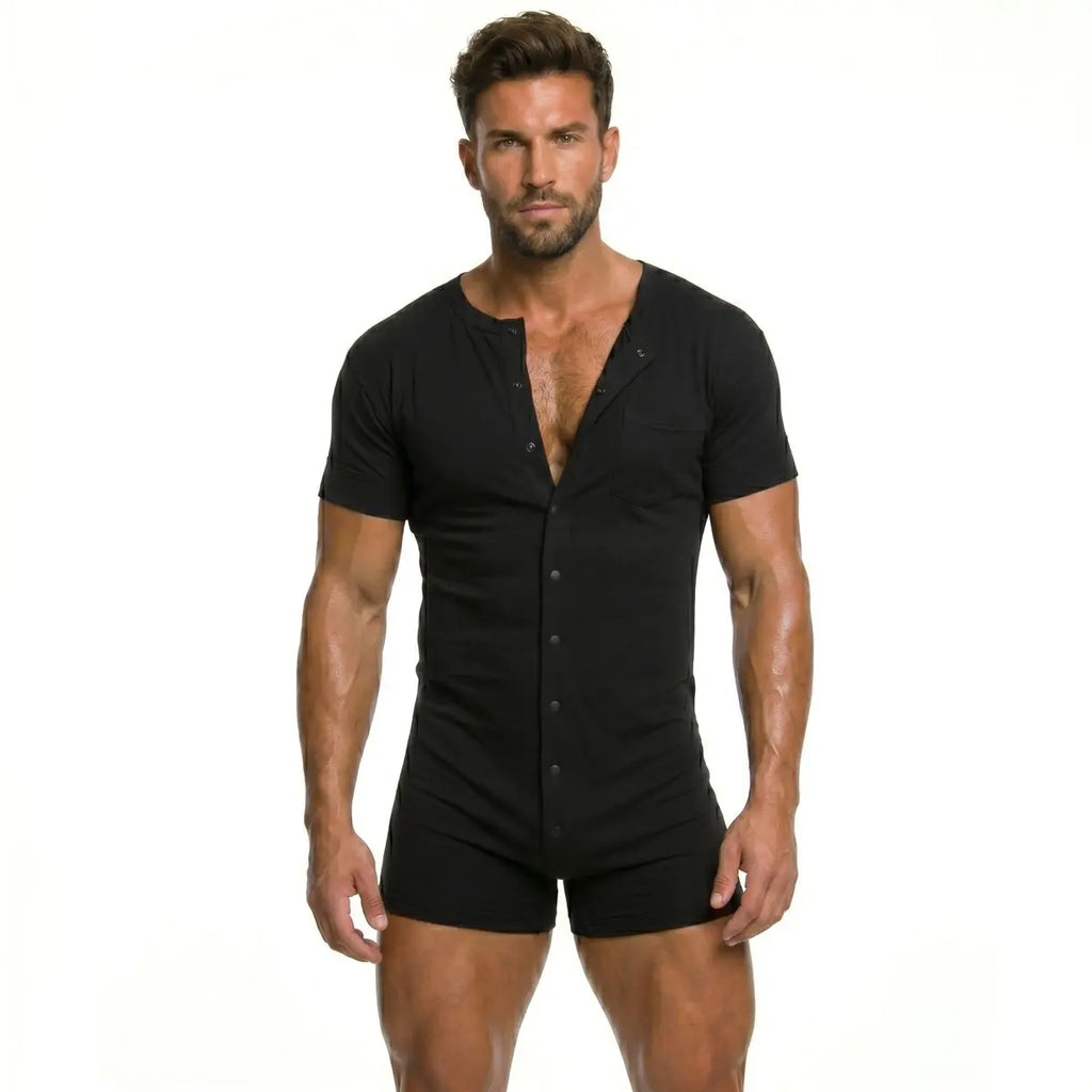 Men's Soft Cotton Blend Stretchy Knitting Short Sleeve Henley Overalls - Round Neck, Button-Front, Relaxed Boxers Bottoms, Minimalist Fit, Activewear, All-Seasons Casual Homewear Streetwear