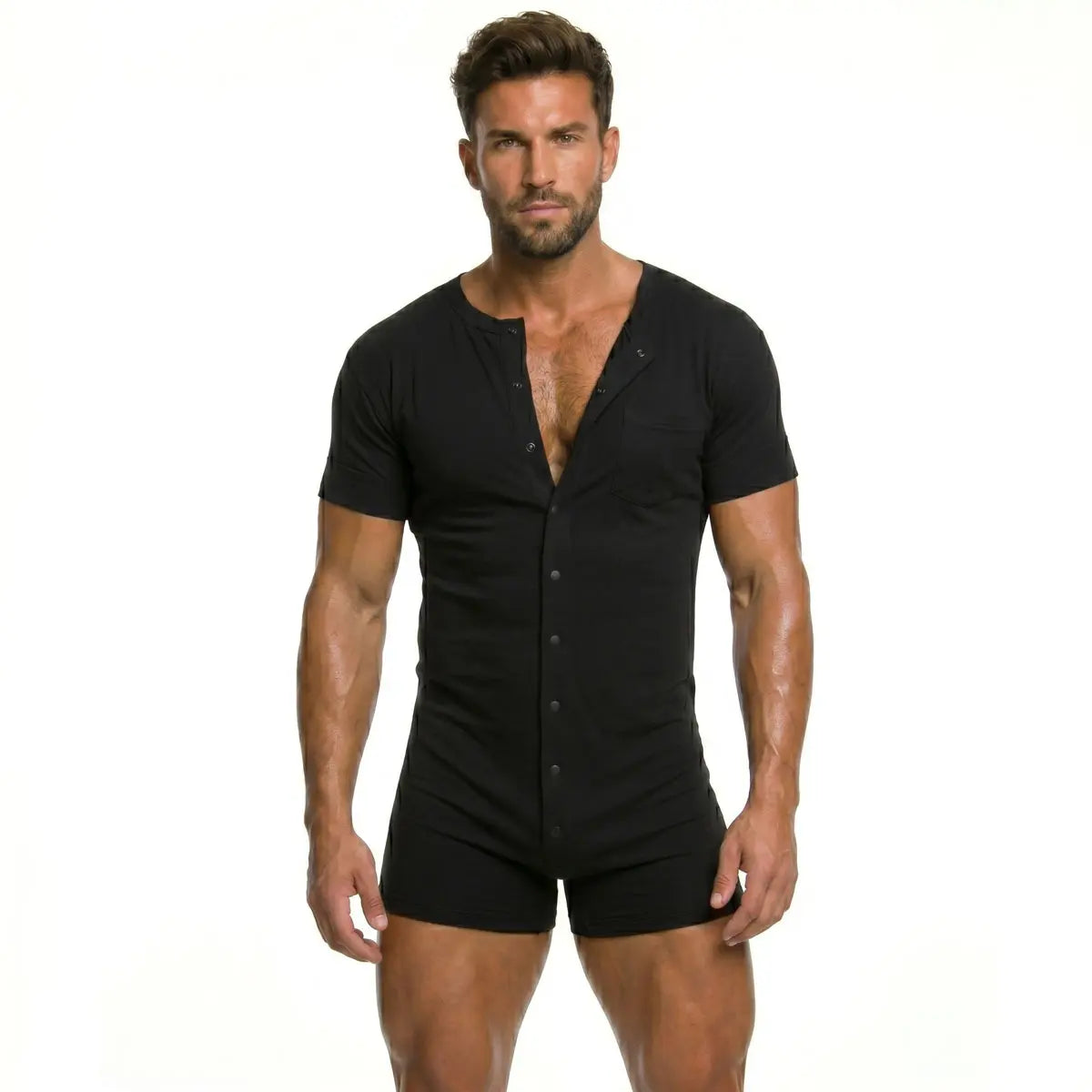 Men's Soft Cotton Blend Stretchy Knitting Short Sleeve Henley Overalls - Round Neck, Button-Front, Relaxed Boxers Bottoms, Minimalist Fit, Activewear, All-Seasons Casual Homewear Streetwear
