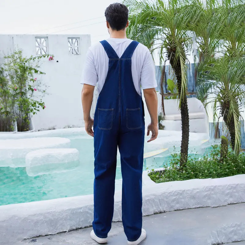 YUANBANG Men's Basic Denim Overalls Adjustable Straps Jumpsuit Fall Winter Fashion Comfort Sleeveless Pocket Menswear Bibs Workwear Coveralls with Zipper Solid Color Strappy One-Piece Outfits