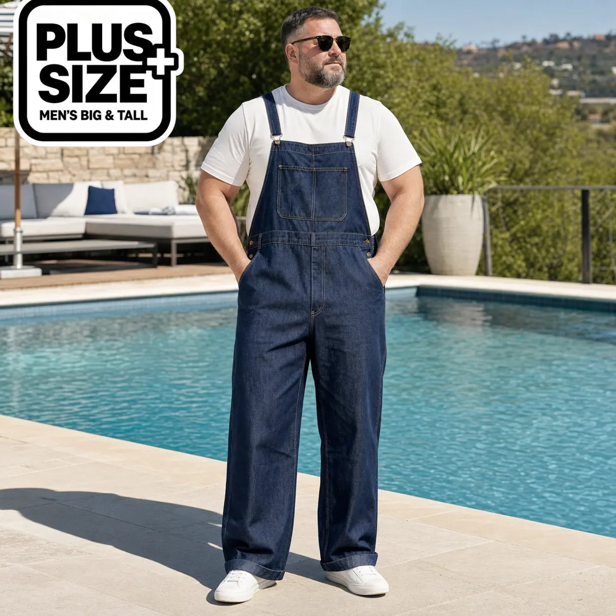 Men's Big & Tall Cotton-Polyester Plain Denim Overalls - Casual Menswear Loose-Fit Streetwear Jumpsuit, Cargo Pants, Adjustable Straps, Lace-Up, Vintage All-Season Workwear, Plus Size 1XL-6XL