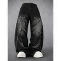 Men's Y2K Distressed Flame Baggy Jeans - Menswear Retro Casual Swag Clothes Products, Vintage Washed Black Denim, Frayed Patchwork, Streetwear Wide Leg Pants for Concert, Festival