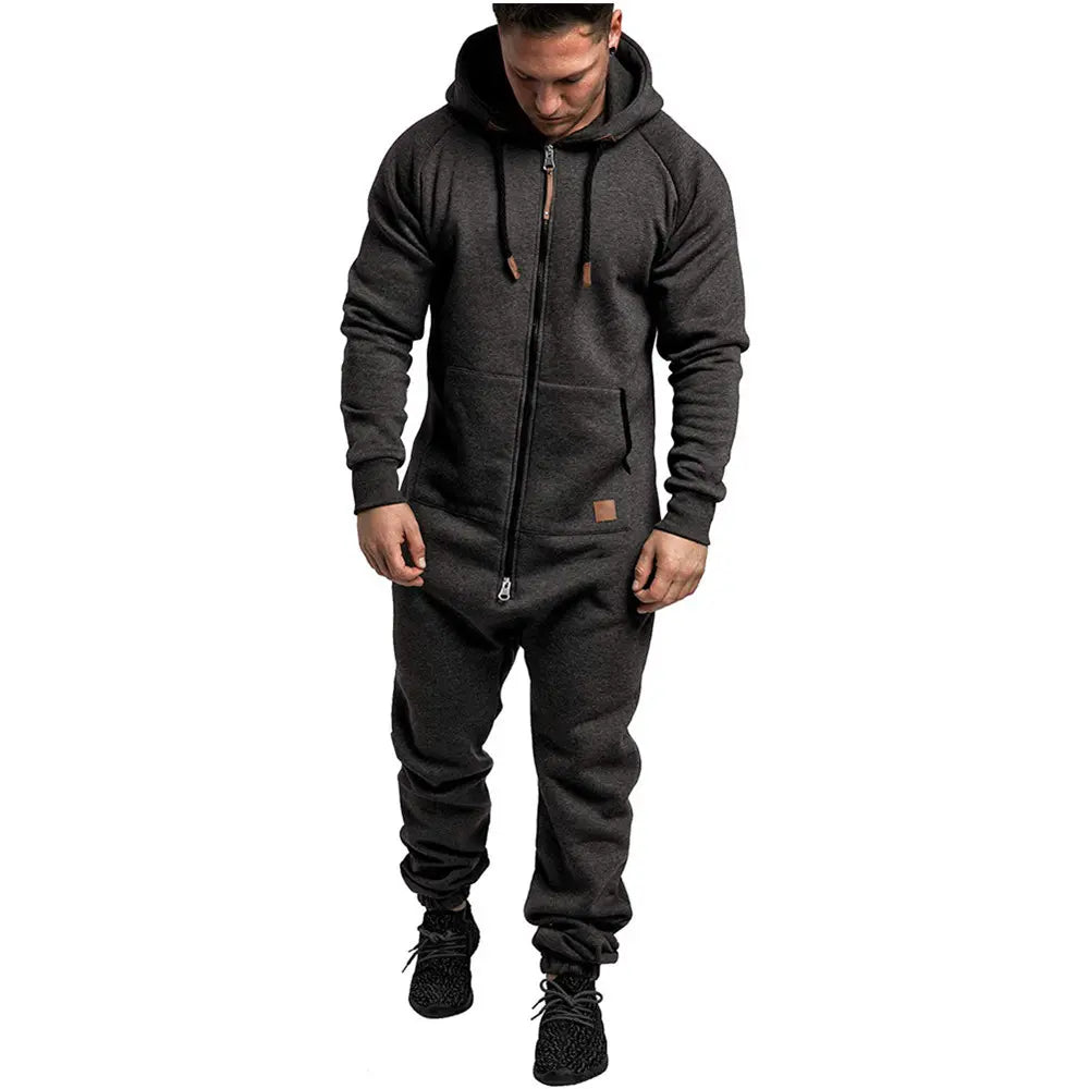 Men’s Polyester Fleece Hooded Overalls - Smooth, Simple, Relaxed Fit Loose 1-Piece Outdoor Menswear Outfit for Super Warm Wear