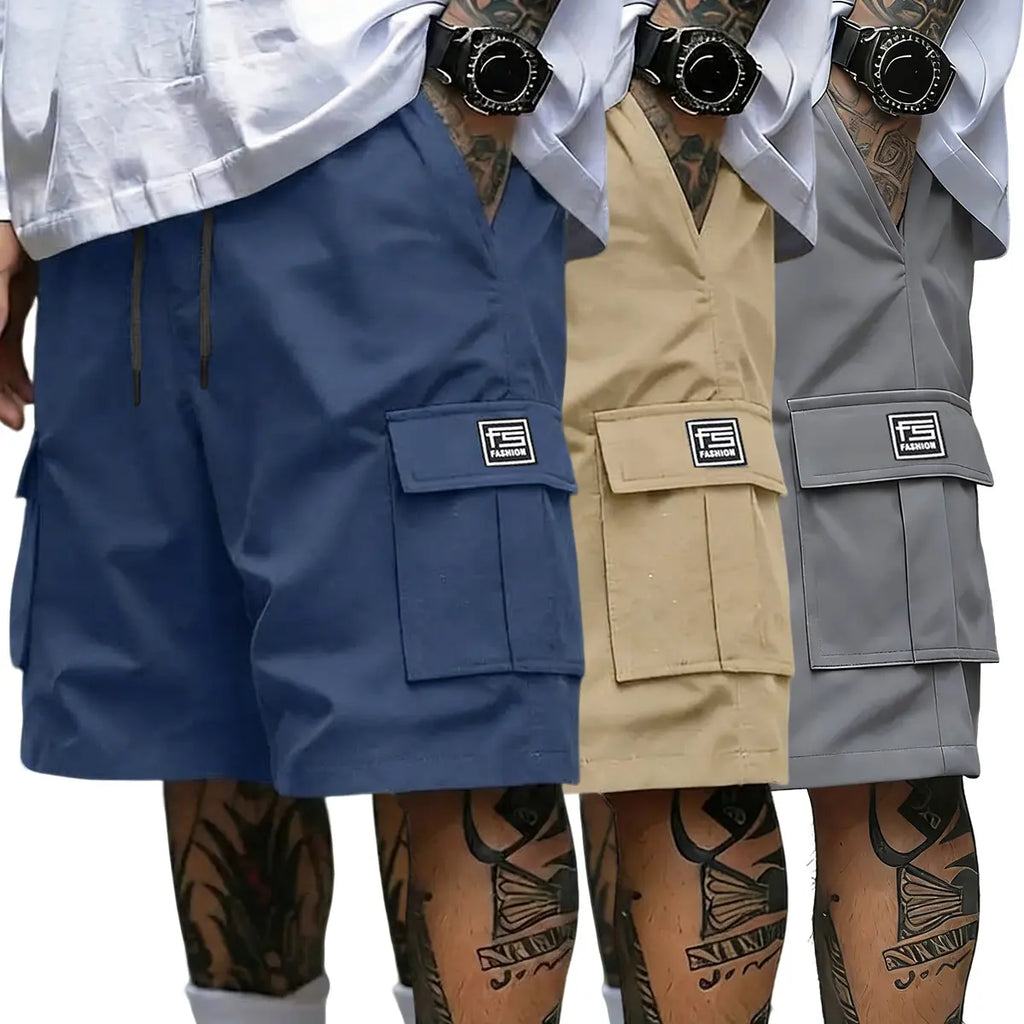 Men's 3-Piece Cargo Shorts Set - Multi-Pocket, Contrasting Label Accents, Drawstring Elastic Waist, Breathable Summer Streetwear, S Size Matching Men's Shorts