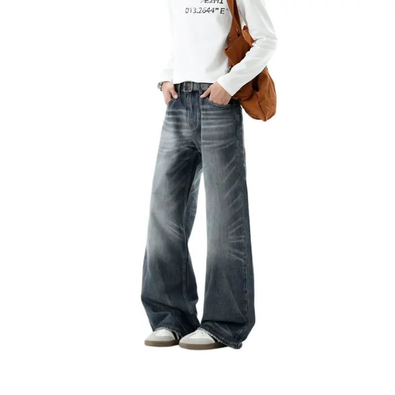 Men's Retro Chic H-Type Wide Leg Denim Jeans - Ombre Wash, Loose Fit, Side Pockets, No Skin-Tight Design, Casual American Streetwear Male Clothing Bottoms