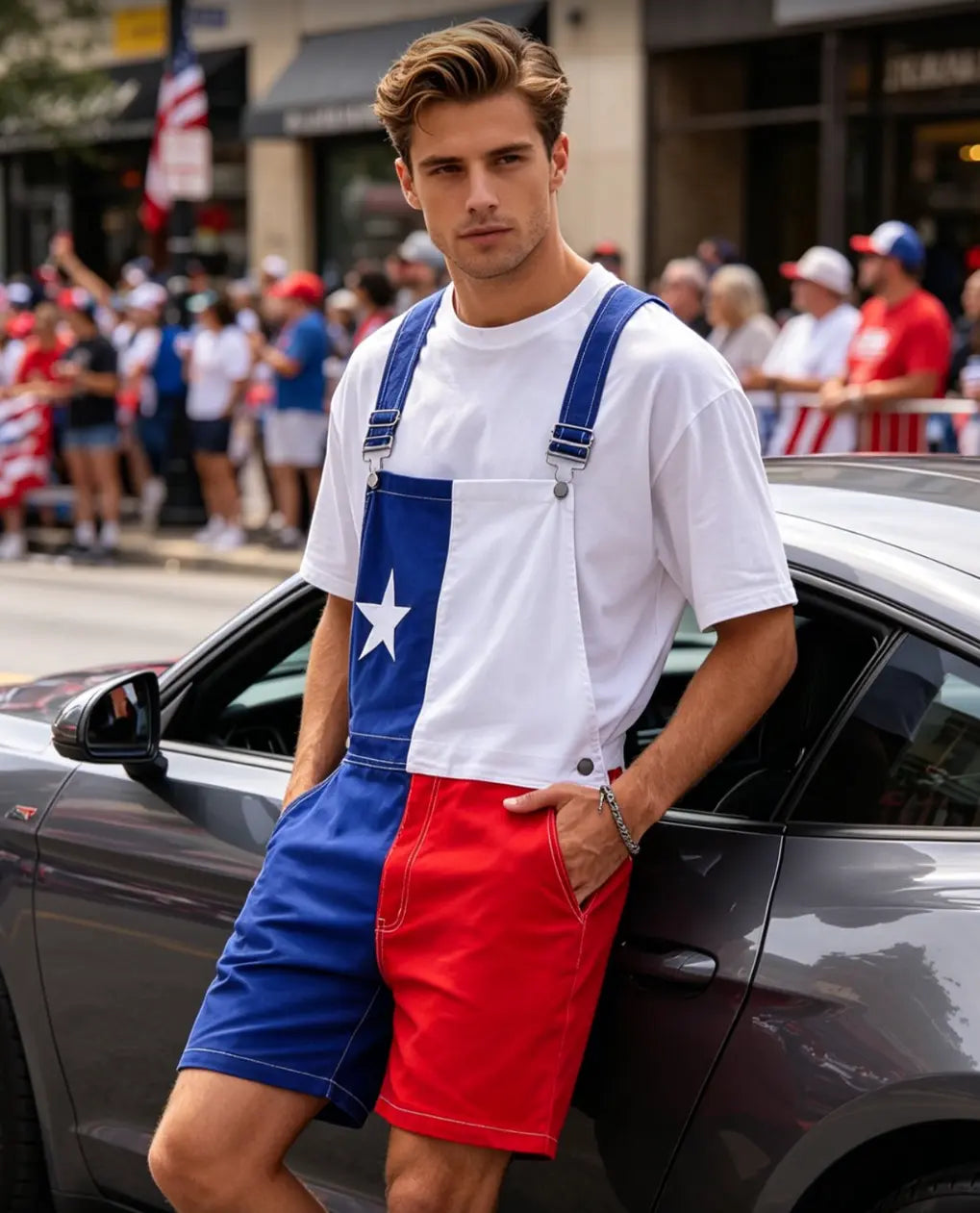 OPDNBON Texas Flag Stretch Bib Overalls for Men Adjustable Straps Work Coveralls Patriotic Printed Shorts Jumpsuit