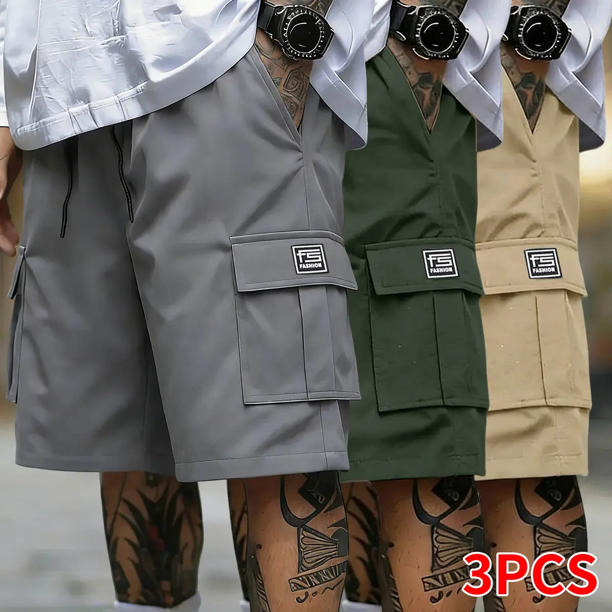 Men's 3-Pack Oversize Woven Cargo Shorts - Solid Color, Multi-Pocket Design, Adjustable Drawstring, Casual Fit, Dry Clean Compatible, Available in XL Size
