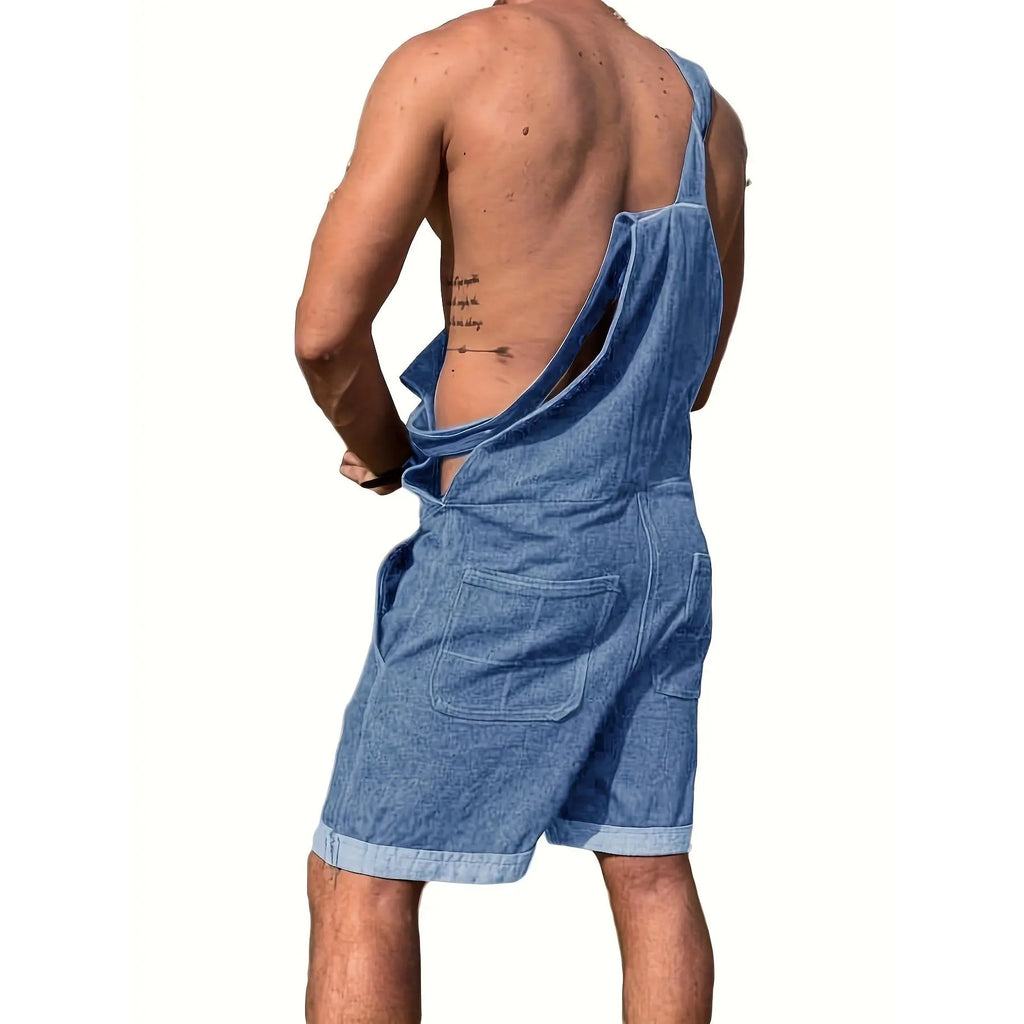Men's Denim Bib Overall Shorts - Loose Fit, Above-Knee Length, Stretch Cotton-Viscose Fabric, Casual Cargo Pants with Pocket, Summer Walk Jumpsuit Rompers