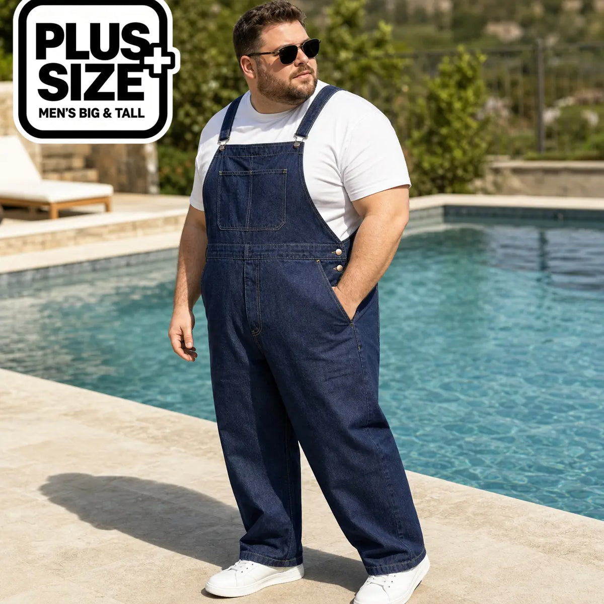 Men's Big & Tall Cotton-Polyester Plain Denim Overalls - Casual Menswear Loose-Fit Streetwear Jumpsuit, Cargo Pants, Adjustable Straps, Lace-Up, Vintage All-Season Workwear, Plus Size 1XL-6XL