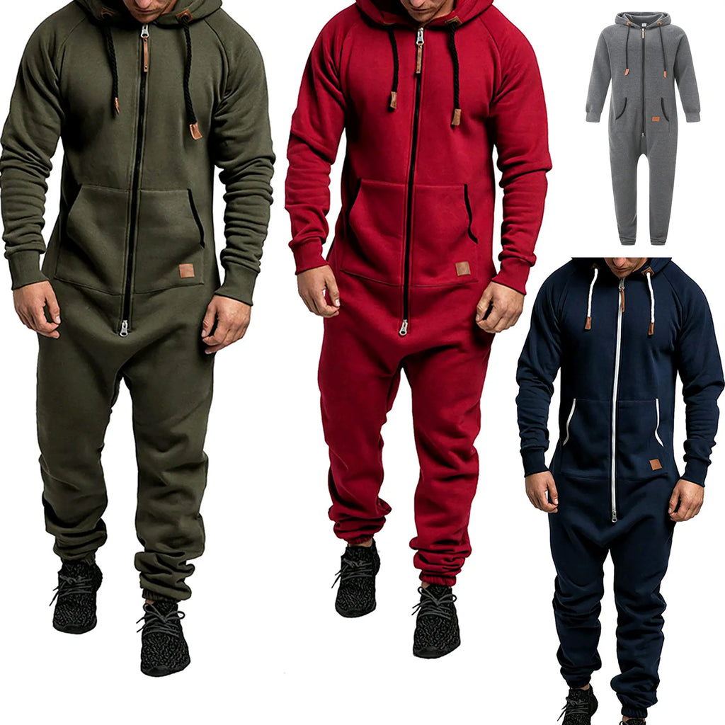 Men's Fleece-Lined Jumpsuit - Hooded Long Sleeve Full-Zip Overalls with Kangaroo Pockets| Winter Workwear, Thermal Coverall, Outdoor Work Suit, Heavy Duty Overalls, Cold Weather Gear