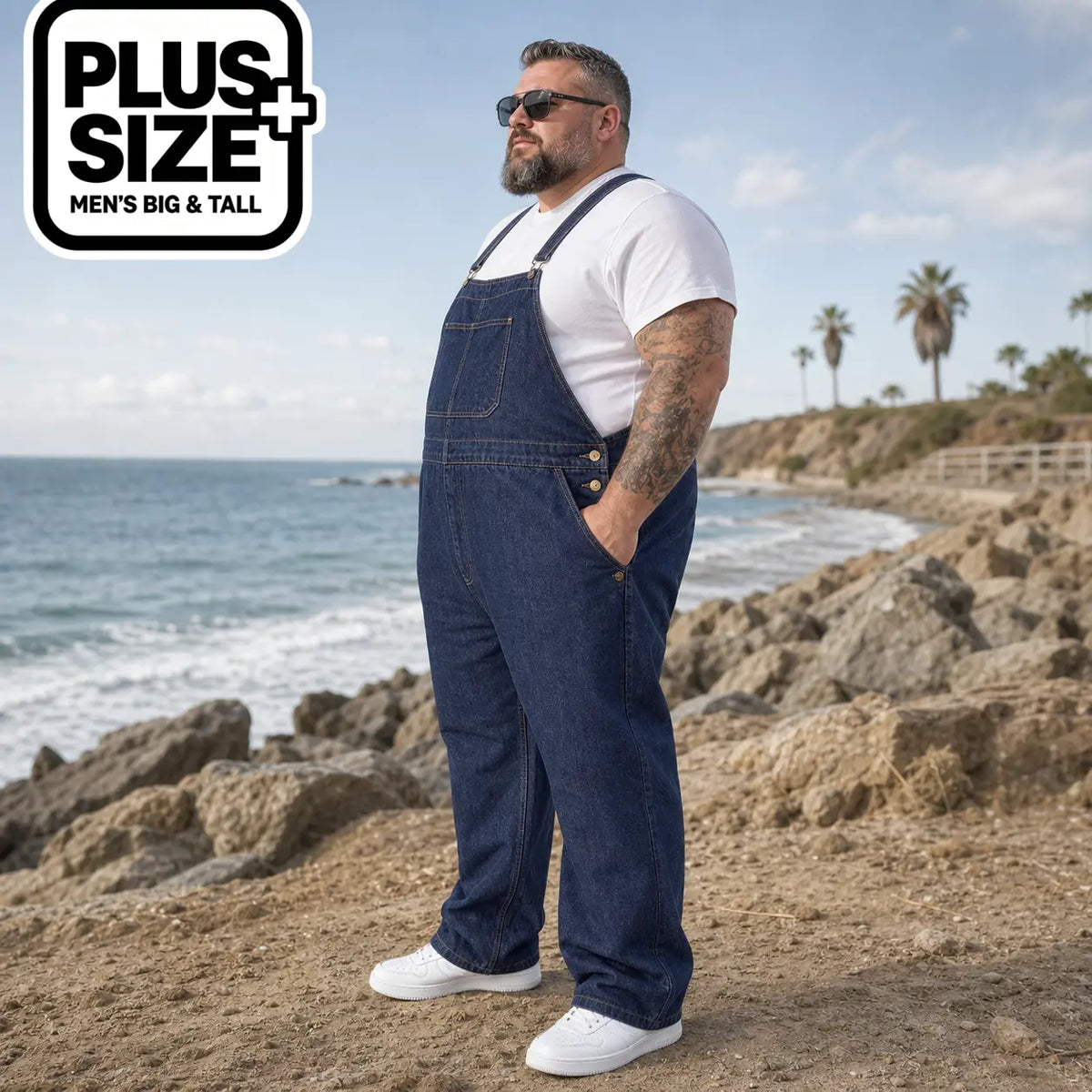 Men's Big & Tall Cotton-Polyester Plain Denim Overalls - Casual Menswear Loose-Fit Streetwear Jumpsuit, Cargo Pants, Adjustable Straps, Lace-Up, Vintage All-Season Workwear, Plus Size 1XL-6XL