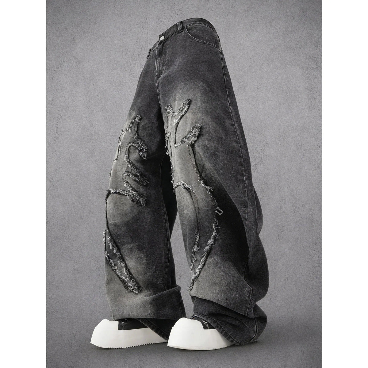 Men's Y2K Distressed Flame Baggy Jeans - Menswear Retro Casual Swag Clothes Products, Vintage Washed Black Denim, Frayed Patchwork, Streetwear Wide Leg Pants for Concert, Festival