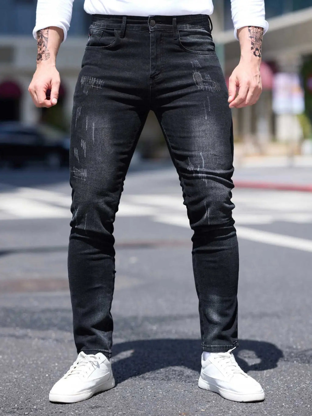 Men's Blue Casual Plain Denim Jeans Pockets, Slim Fit Straight Leg Korean Style Classic Streetwear, Elastic Casual Long Pants for All Seasons, 2026 Fashion Casual Jeans Menswear