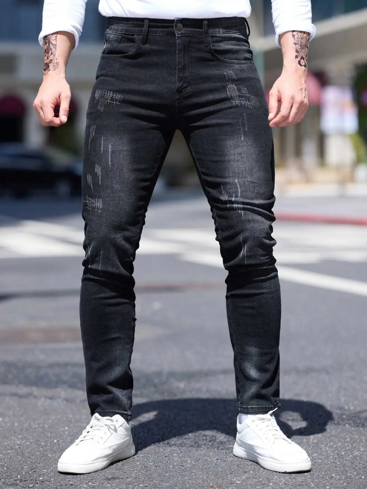 Men's Blue Casual Plain Denim Jeans Pockets, Slim Fit Straight Leg Korean Style Classic Streetwear, Elastic Casual Long Pants for All Seasons, 2026 Fashion Casual Jeans Menswear