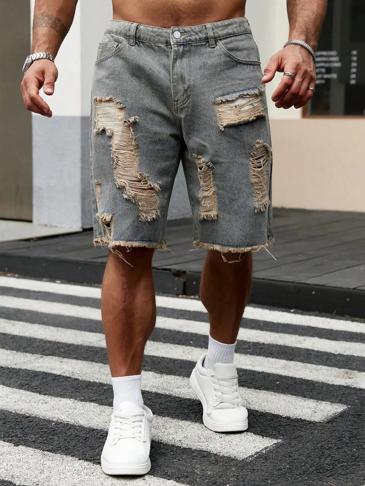 Men's Plain Ripped Distressed Frayed Hem Denim Shorts, Loose-Fit Menswear Streetwear for All Seasons, Perfect for Casual Outings, Commute & Vacation, Emo Aesthetic Style