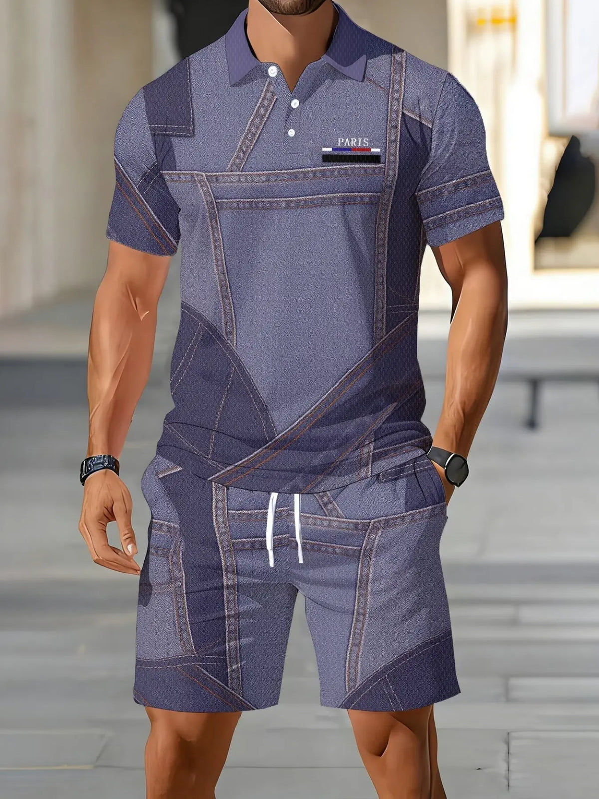 Men's Patchwork Romper, Casual Workwear Style, Summer New Arrival, Short Sleeve Romper, Trendy Fashion, Above Knee Hem, Fitted Design
