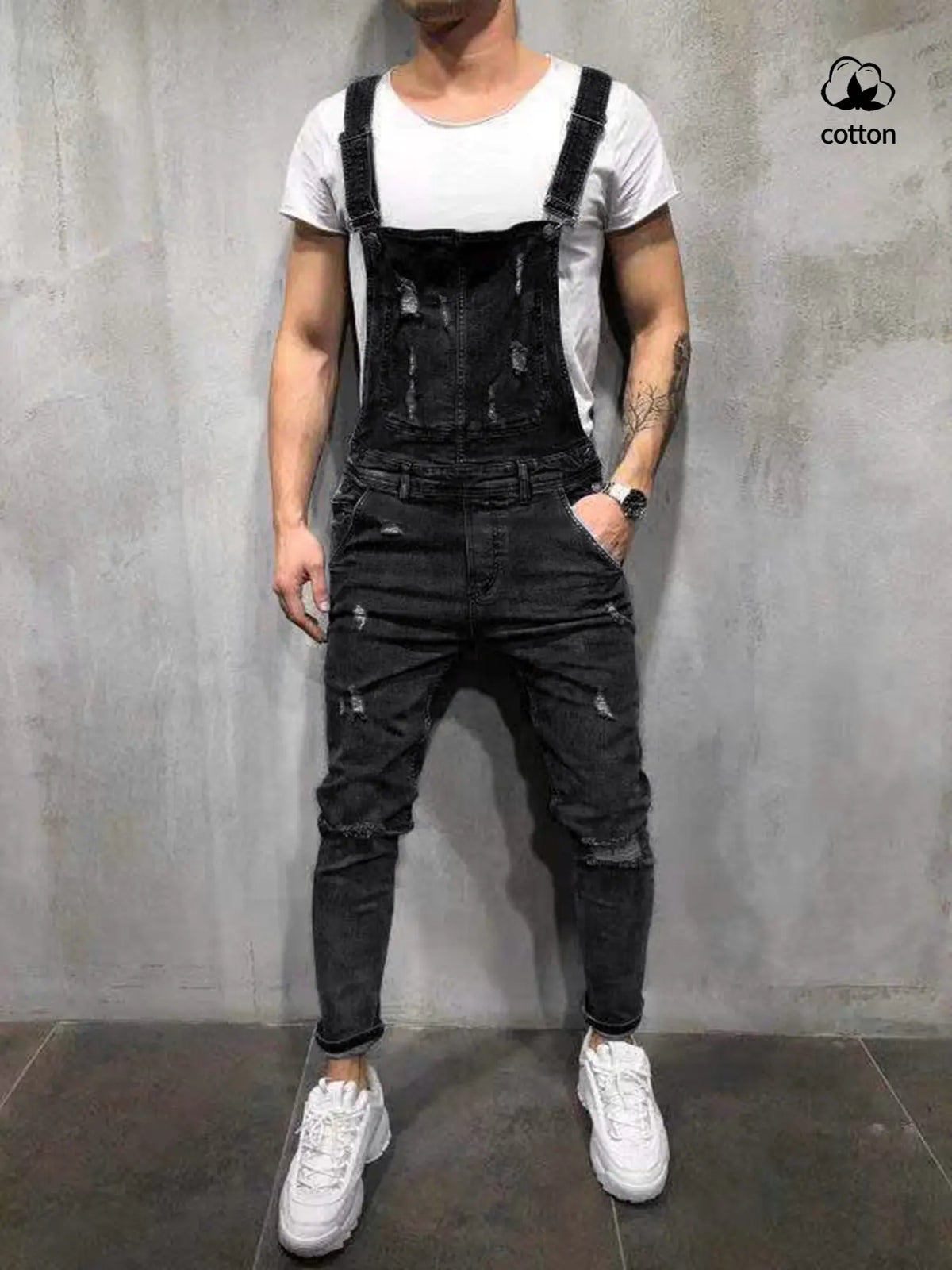 Men's Vintage Aesthetic Classic Denim Overalls with Pockets, Fitted Blue Jumpsuit, Casual Versatile Distressed Design, Perfect for Urban Style, Parties, Streetwear, Menswear Natural, Denim Bib Coveralls