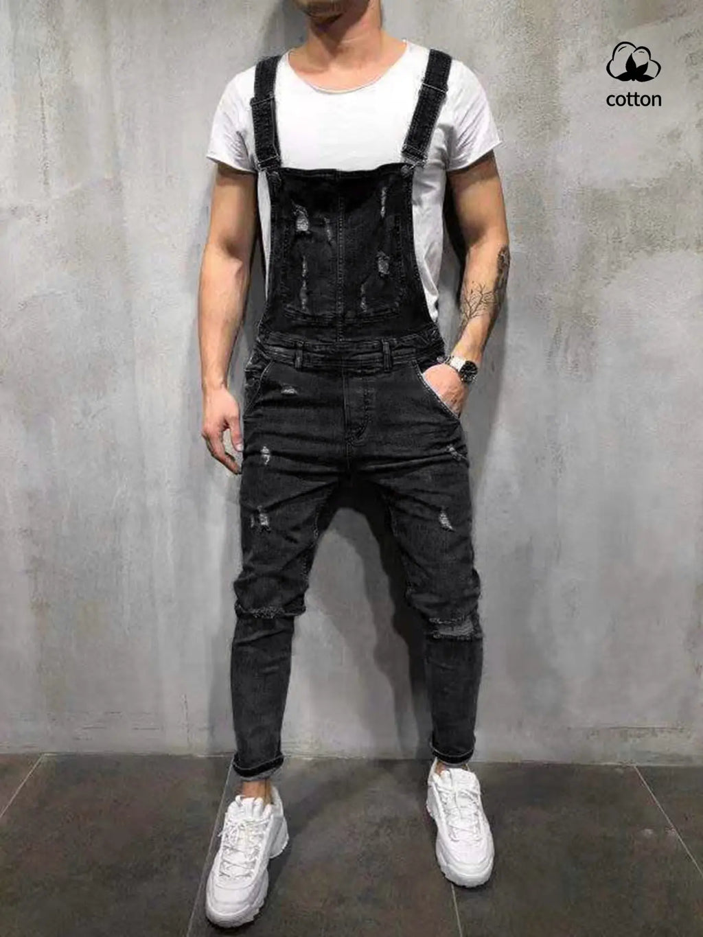 Men's Vintage Aesthetic Classic Denim Overalls with Pockets, Fitted Blue Jumpsuit, Casual Versatile Distressed Design, Perfect for Urban Style, Parties, Streetwear, Menswear Natural, Denim Bib Coveralls