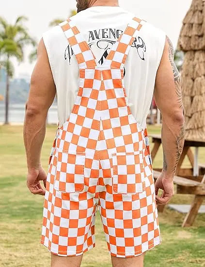OPDNBON Christmas Checkered Bib Overalls for Men and Women Thanksgiving Stretchy Denim Adjustable Straps Jumpsuit Shorts Work Coveralls Football Game Outfits Spring Fashion Menswear Womenswear