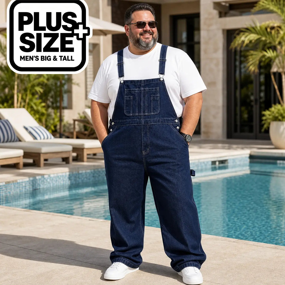 Men's Big & Tall Plain Denim Overalls - Cotton-Polyester Fabric Menswear, Loose-Fit Cargo Jumpsuit with Adjustable Straps, Lace-Up, Pockets - Classic Vintage Retro Street Style Workwear for Casual Daily Use - Plus Sizes XL-6XL, All-Season Comfort