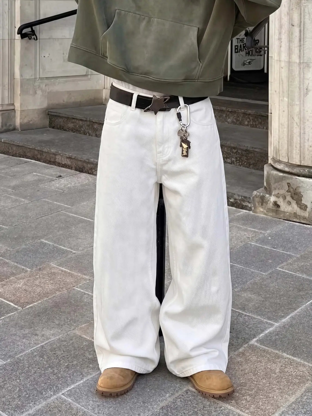 Men's summer refreshing pure white plain denim long pants, straight-leg loose fit, clean simple versatile style, loose comfortable suitable for summer, Loose casual menswear