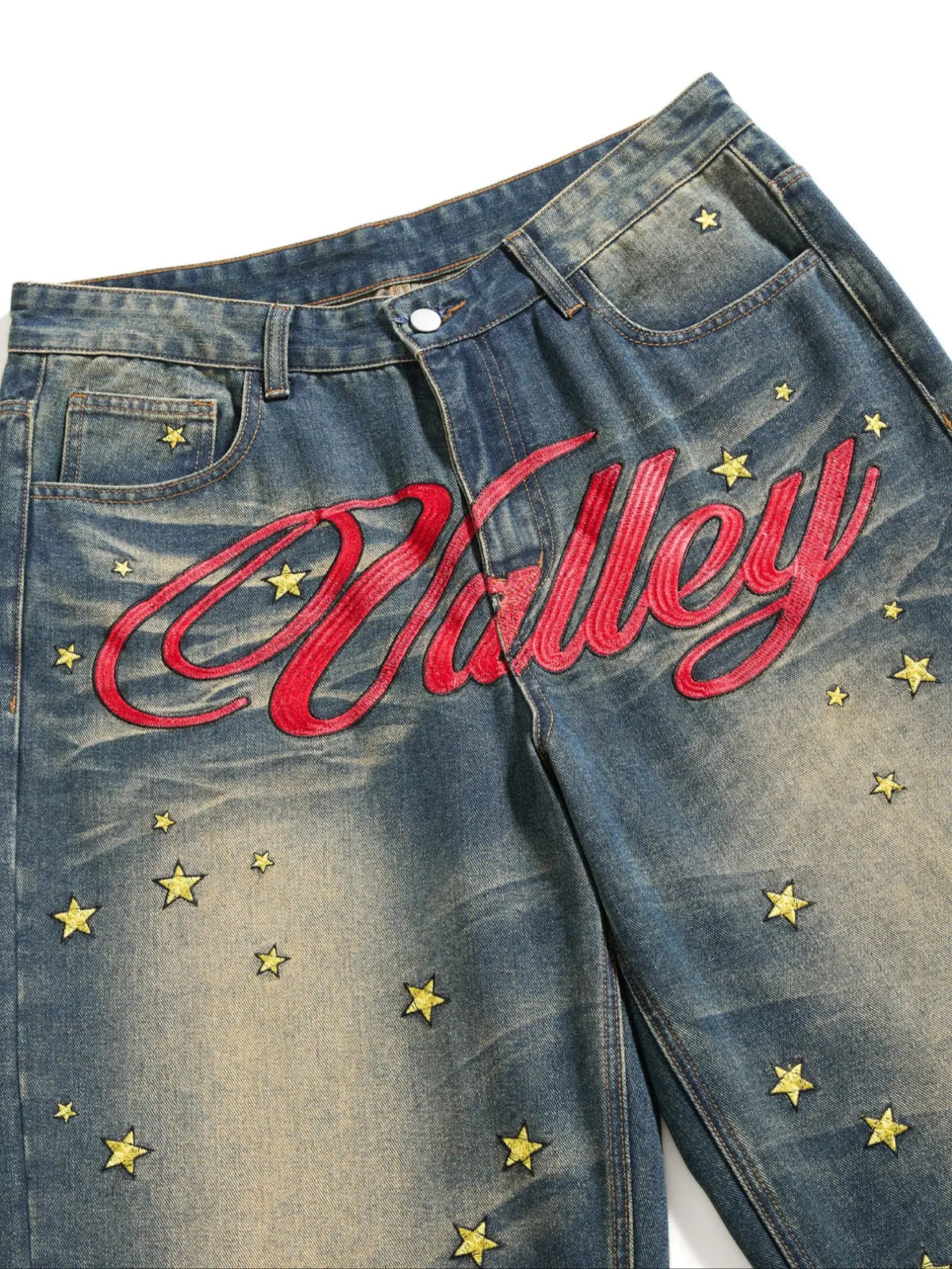 Men's Vintage Washed Leg Jeans, Casual Loose Fit Denim Jeans, Trendy Letter Embroidery, Relaxed Fit Jeans, All Seasons Wear, Vintage Inspired Jeans