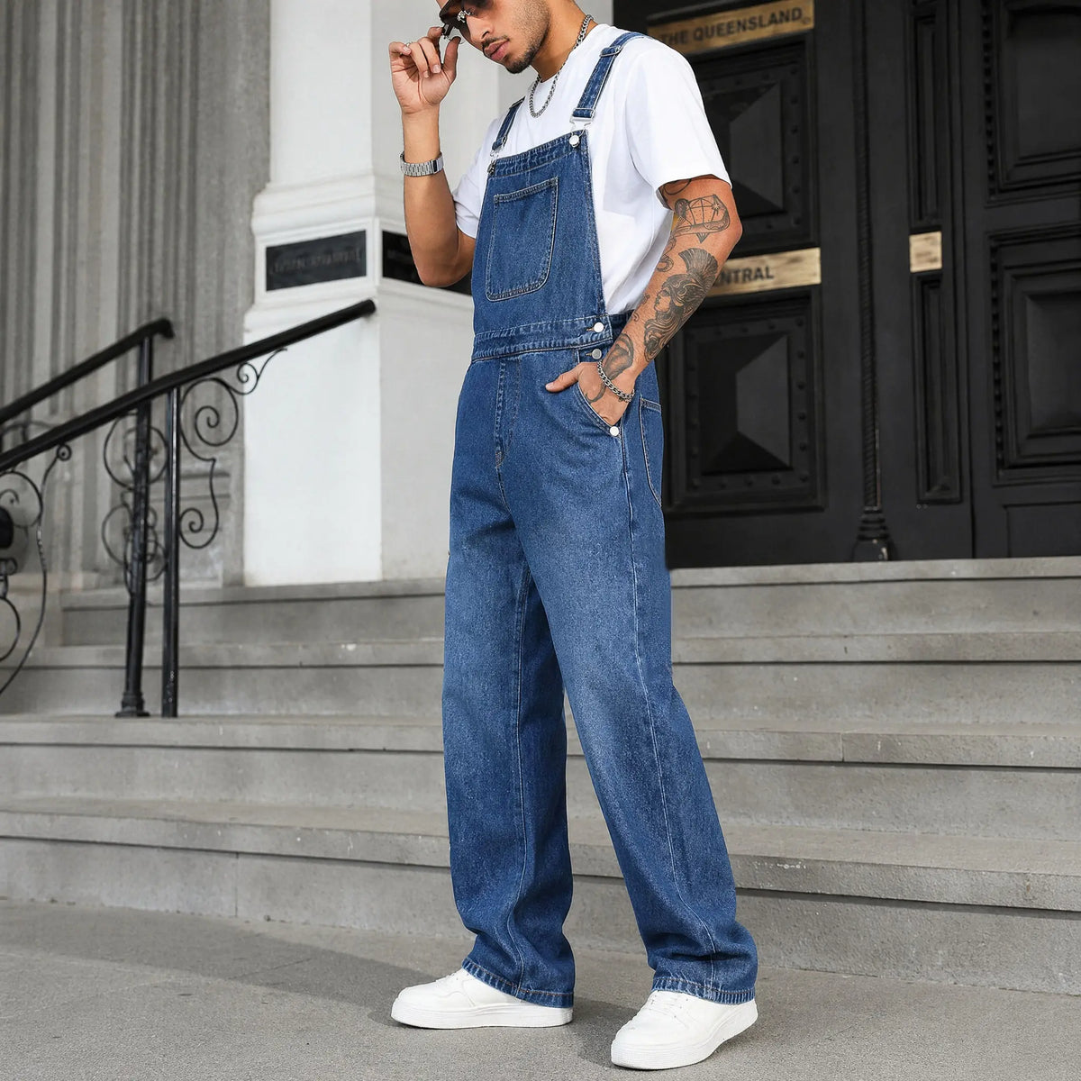 Men's Rigid Cotton Baggy Denim Overalls - Vintage Mid-Wash Blue Wide Leg Dungarees with Bib Hardware, Bib Pocket, Buckle, Utility Drape Jumpsuit for Summer Casual Workwear