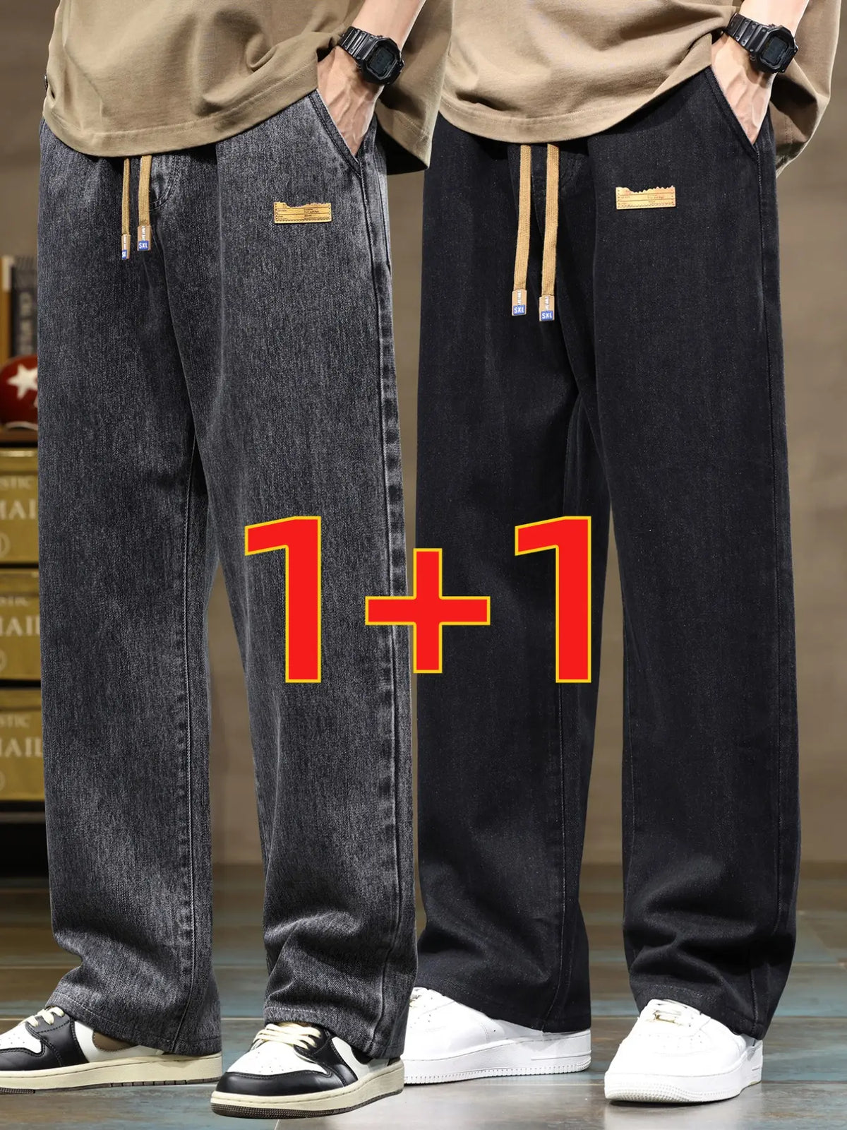 Men's drawstring elastic waist straight leg Pocket jeans solid color casual versatile non stretch denim pants, fit straight leg version, suitable for all seasons