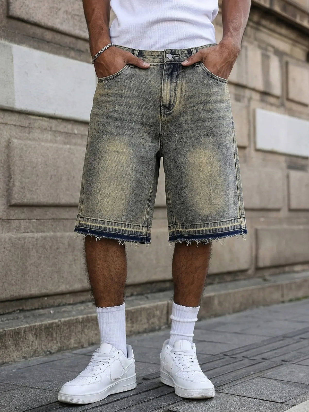 Men's Vintage Washed Distressed Denim Look Jean Shorts, Vintage Distressed Style, Size S (W32) to XXL (W40), Non-Stretch Streetwear Jorts, Menswear