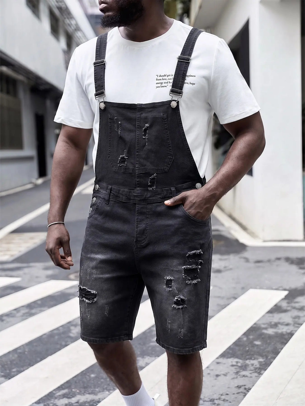 Cut Jean Y2K men's fashionable lip-shaped design denim ripped denim overalls, trendy street style overalls shorts, with belt loops, ideal for outdoor wear, simple design, Streetwear