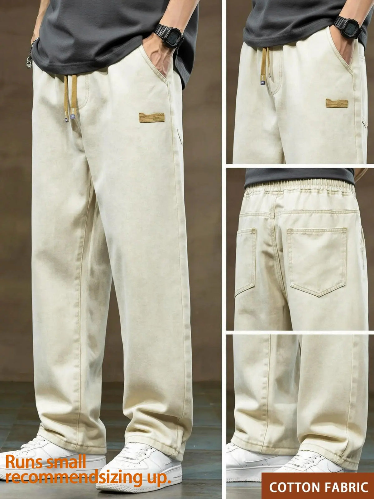 Men's drawstring elastic waist straight leg Pocket jeans solid color casual versatile non stretch denim pants, fit straight leg version, suitable for all seasons