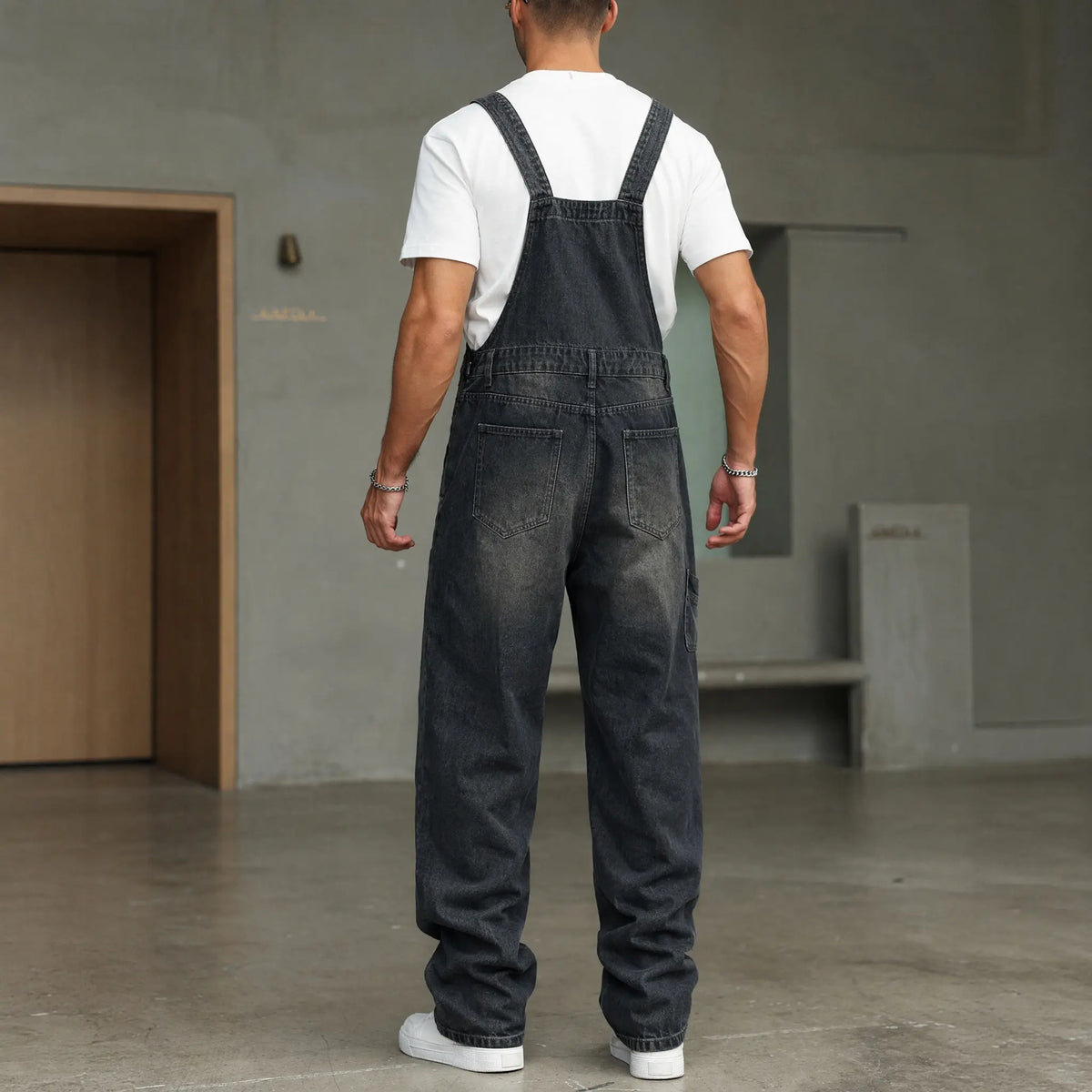 Men's Loose Fit Denim Bib Overalls - Vintage Mud Wash Black Blue Wide Leg Dungarees with Bib Pocket, Chunky Drape Retro Grunge Skater Streetwear, Chic Summer Casual Distressed Workwear Jumpsuit