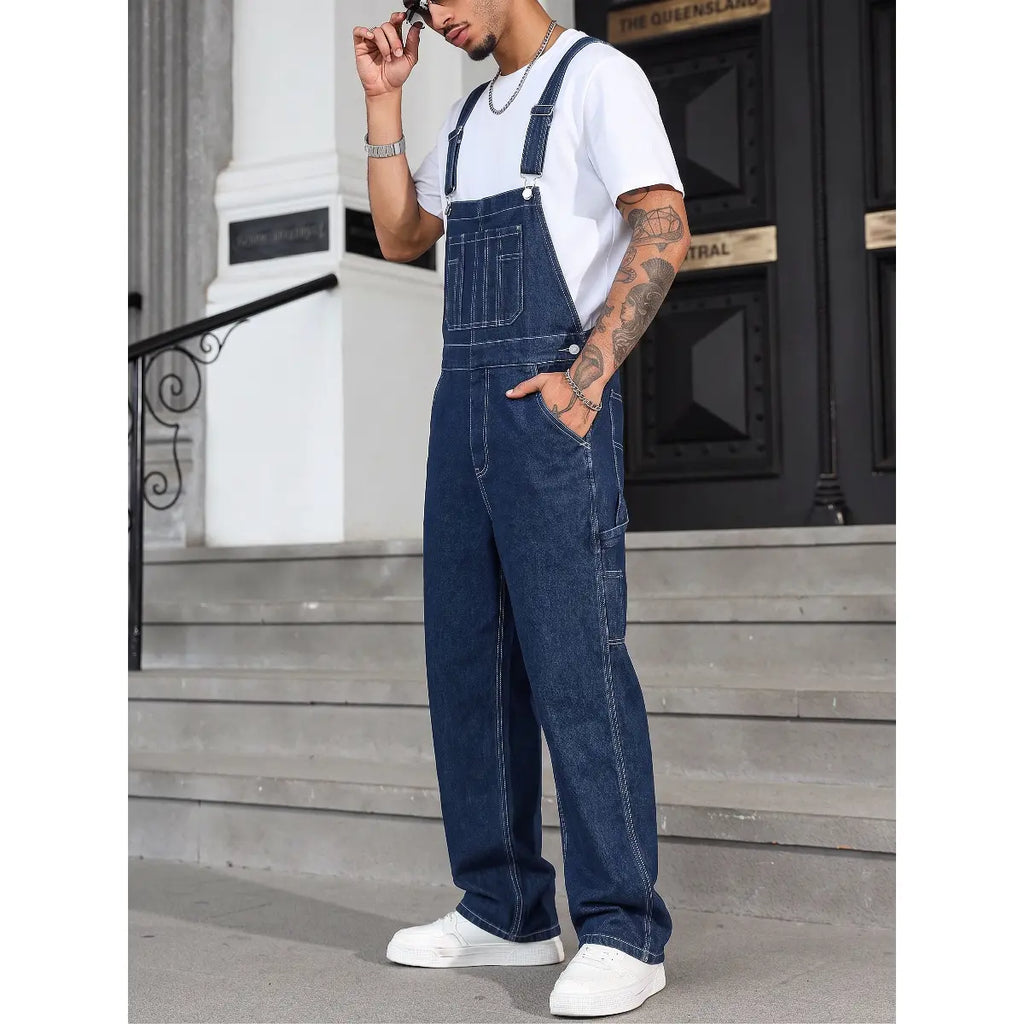 Men's Dark Blue Classic Menswear Denim Overalls - Slim Fit Straight Pants, Adjustable Straps, Breathable Fabric, Chic Preppy Minimalist Basics, Streetwear Workwear Jumpsuit, Summer Urban Essential