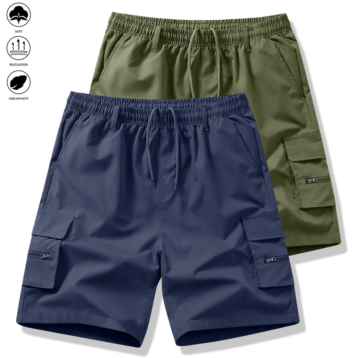 Men's 2-Piece Fitted Woven Work Jogger Shorts, Summer Trendy Casual Style, Multi-Pocket, Wear-Resistant, Wrinkle-Free, Tear-Resistant, Comfortable, Breathable, Stylish, Versatile, Elastic Drawstring