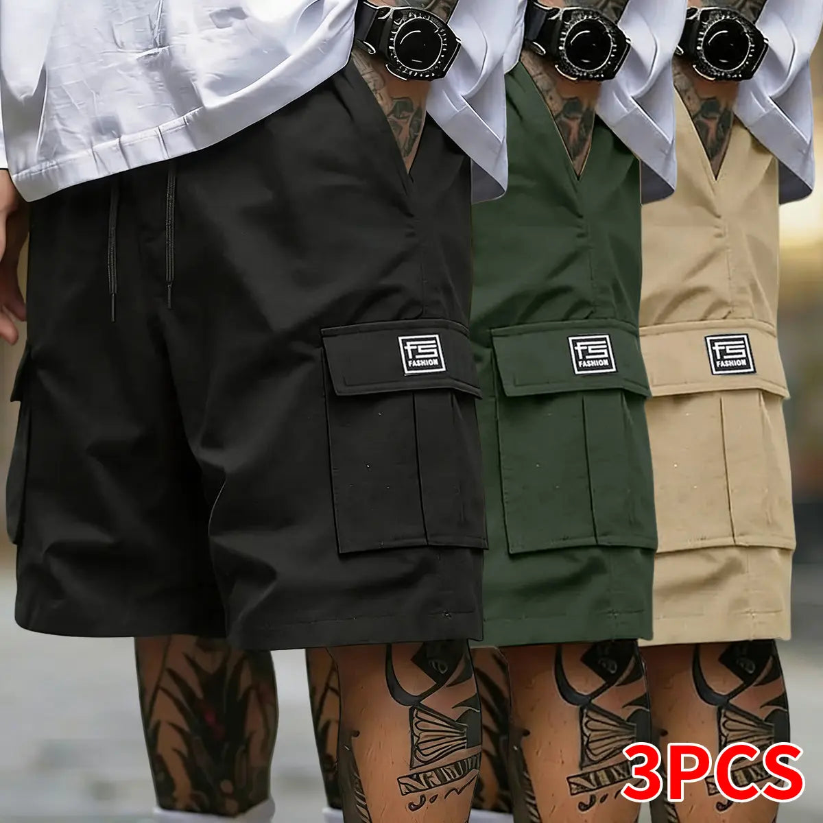Men's 3-Pack Oversize Woven Cargo Shorts - Solid Color, Multi-Pocket Design, Adjustable Drawstring, Casual Fit, Dry Clean Compatible, Available in XL Size