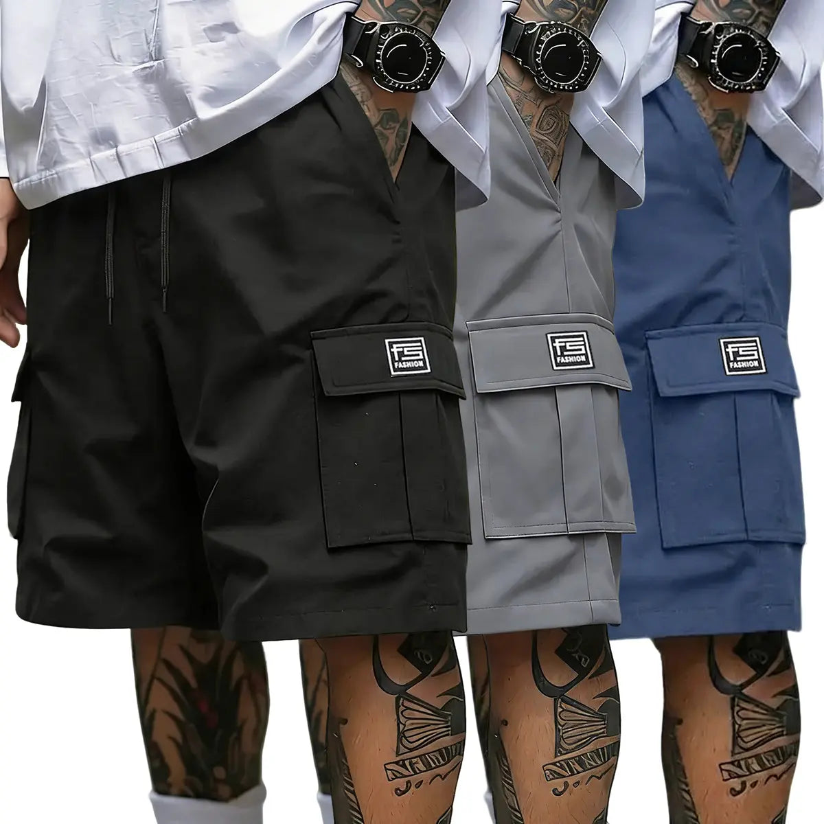 Men's 3-Piece Cargo Shorts Set - Multi-Pocket, Contrasting Label Accents, Drawstring Elastic Waist, Breathable Summer Streetwear, S Size Matching Men's Shorts