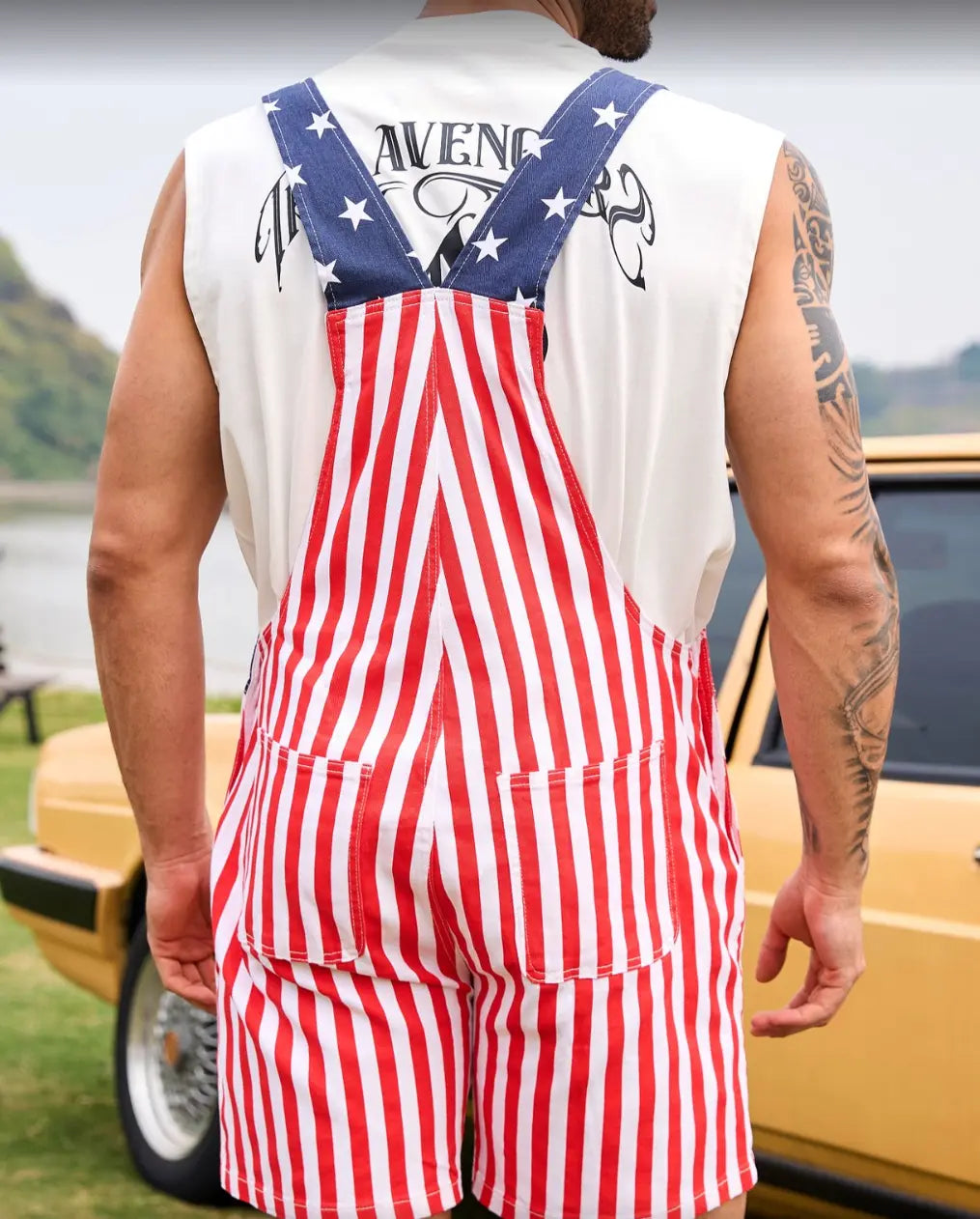 OPDNBON American Flag Stretch Overalls Shorts 4th of July Jumpsuits Denim Romper Work Bibs Coveralls Gifts for Men, Fashion Menswear
